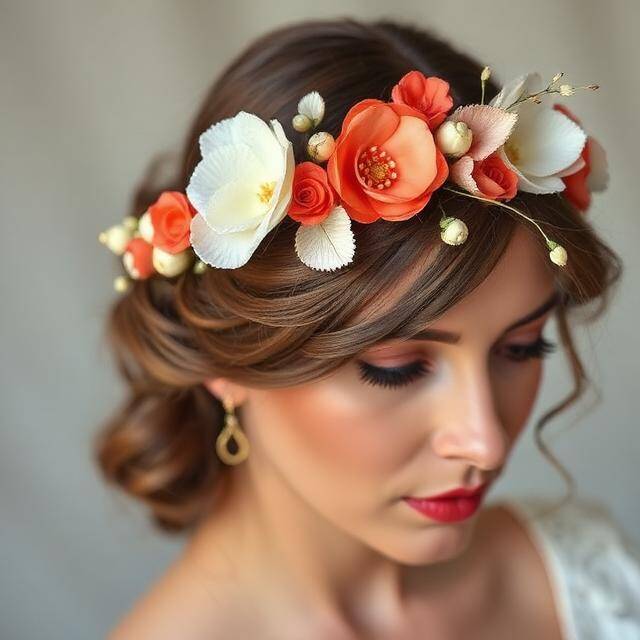 Diadema Eco Flor Terracota Tierra y mar Flores coral + blanco · Boho chic