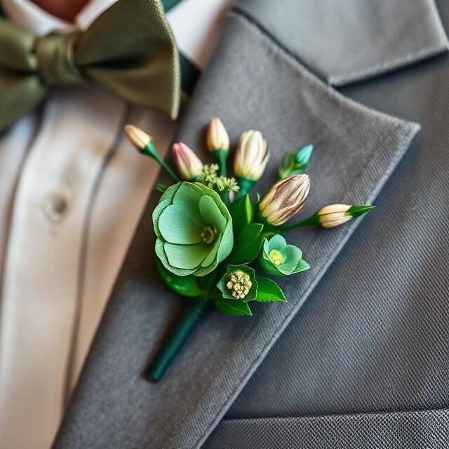 Boutonniere Seda Verde Naturaleza en la solapa Flor seda + tallo oro · Novio/Padrino