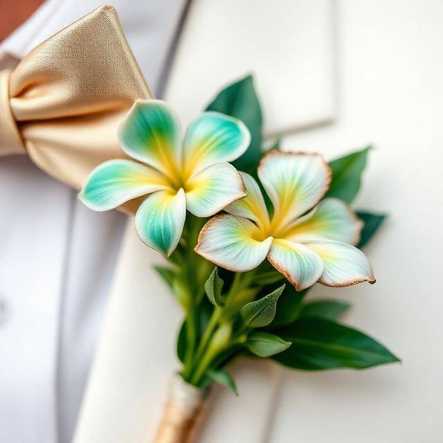 Boutonniere Plumeria Exótico y puro Flores blancas + pistilos oro · Destino