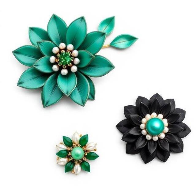 Set Escarapelas Esmeralda Verde Bkarola Flor esmeralda + negro + mini · Tres tamaños