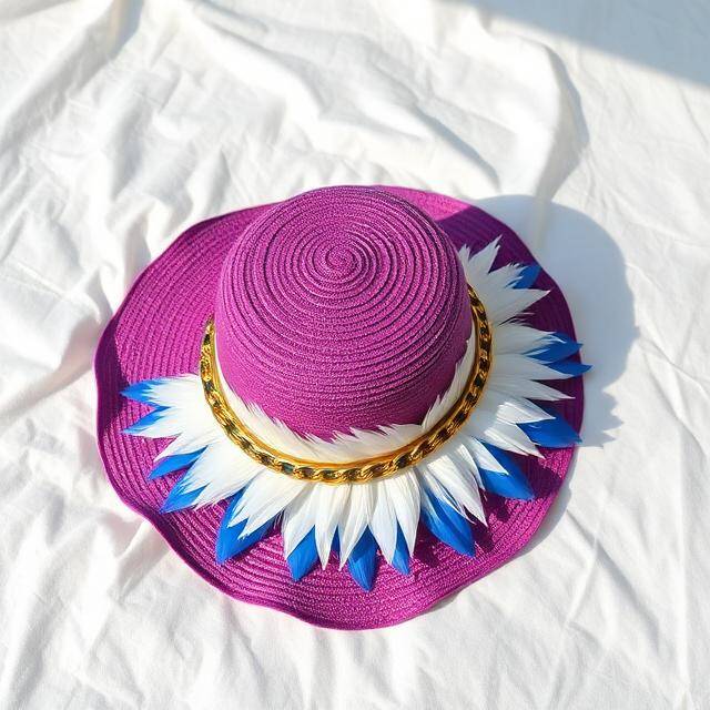 Canotier Prisma Fucsia Fantasía floral Fucsia + pétalos blanco y azul · Cadena oro