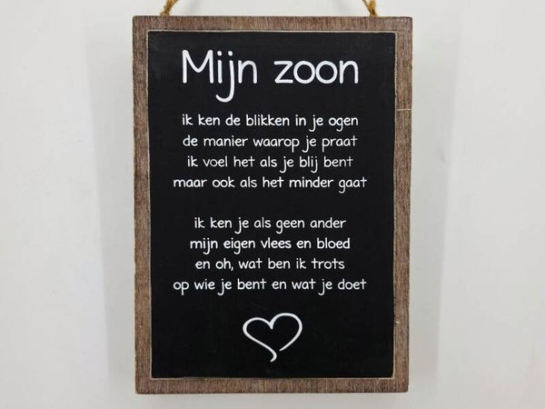 Houten hangend tekstbord.