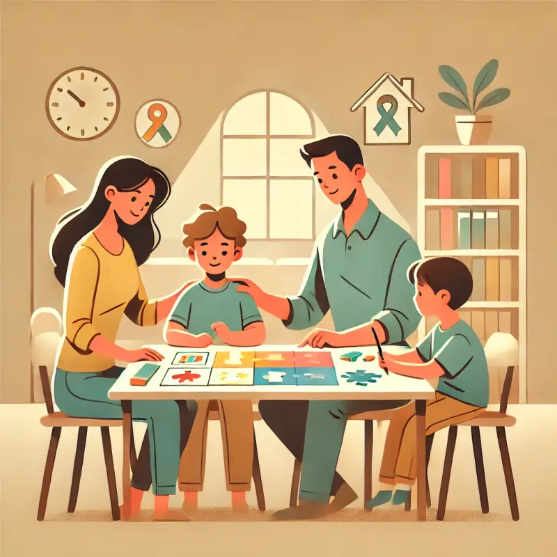 A family collaborating on educational activities, symbolizing autism support and teamwork."