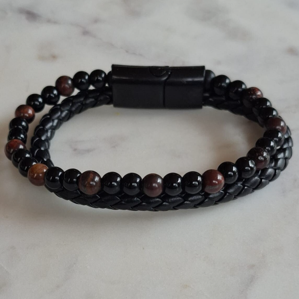 Armband van leer en kralen, dubbel