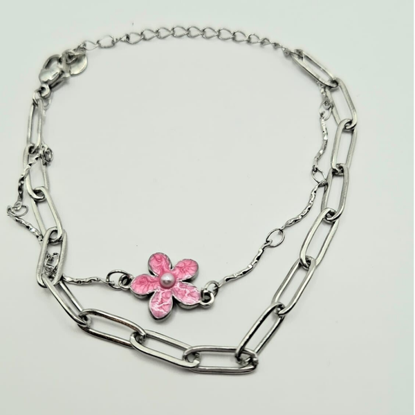 Schakelarmband dubbellaags met roze bloem, silver