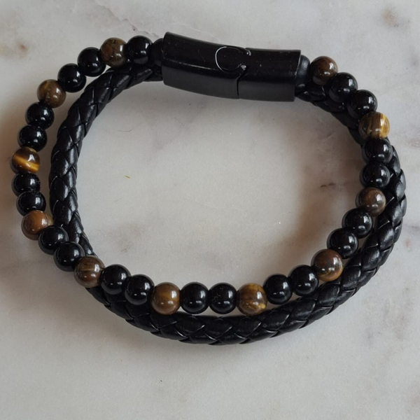 Dubbele armband, leer en kralen