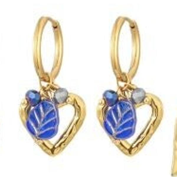 Oorbellen hartje met blauw blaadje