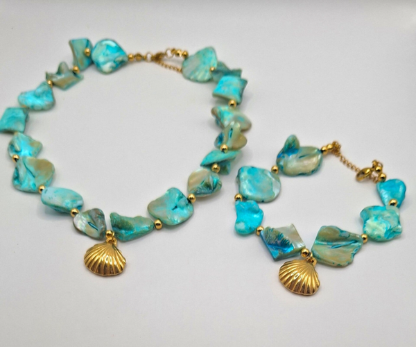 Prachtige set, ketting en armband, blauwe beads