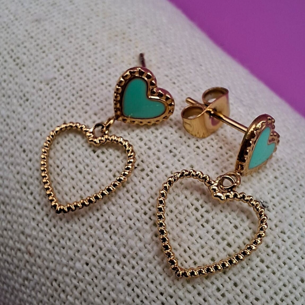 Oorstekers met hartje, turquoise   gold look