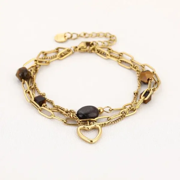 Tiger-eye, double armband met stenen en hartje