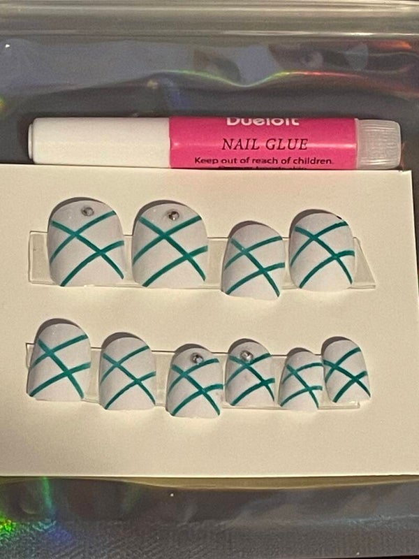 White and teal short nail set with rhinestones