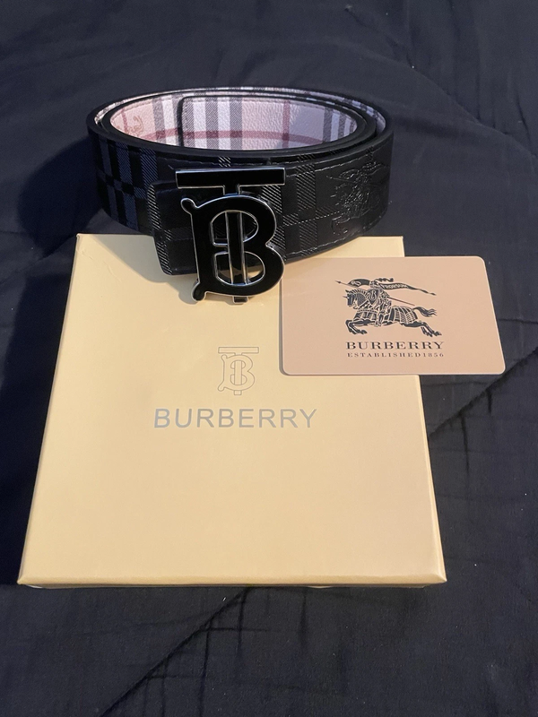 Burberry Men's Wide Black Gray Check Dress Belt TB Logo Buckle with box