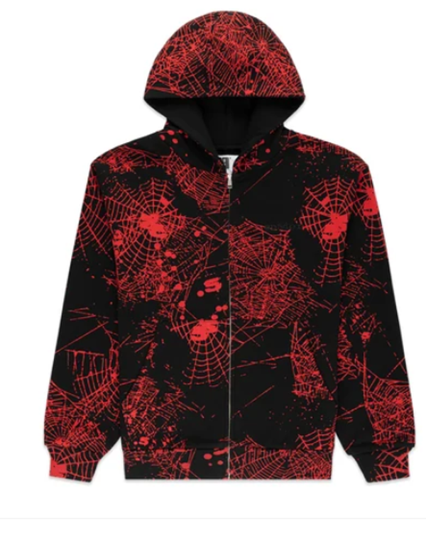 Sp5der AOP Web V2 Zip-Up Hoodie Black
