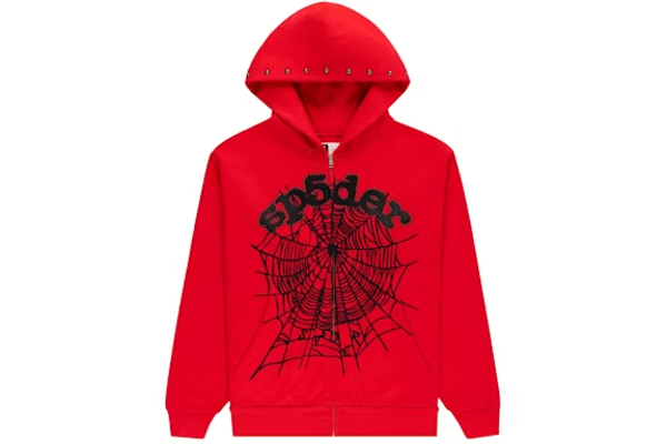 Sp5der OG Web Studded Zip Hoodie red