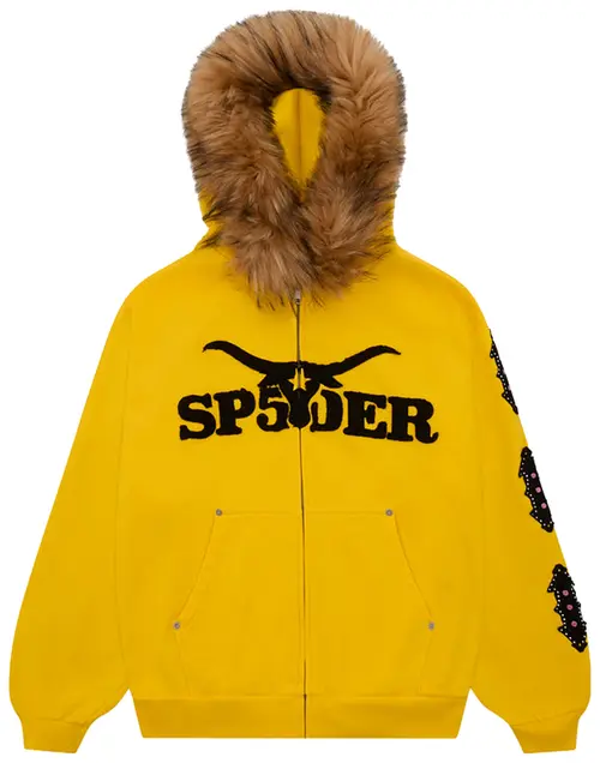 Sp5der Fur Hooded Zip Up Sweatshirt 'Yellow'