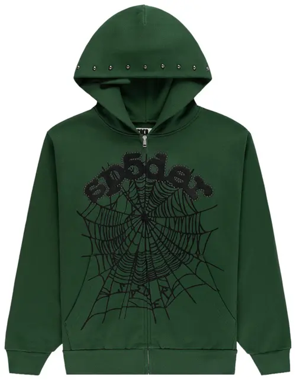 Sp5der Og Web Studded Zip Hoodie 'Green'