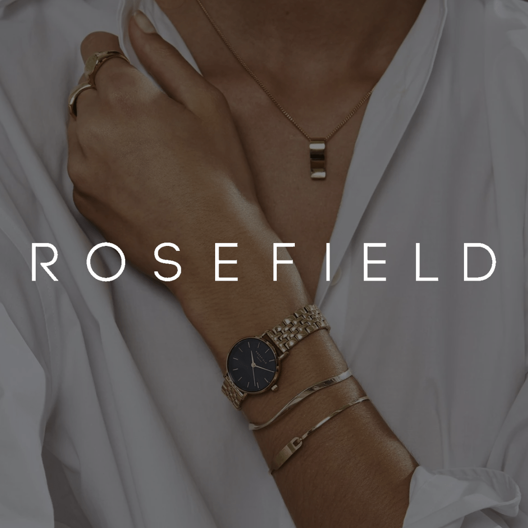 Gouden Rosefield horloge met zwarte wijzerplaat