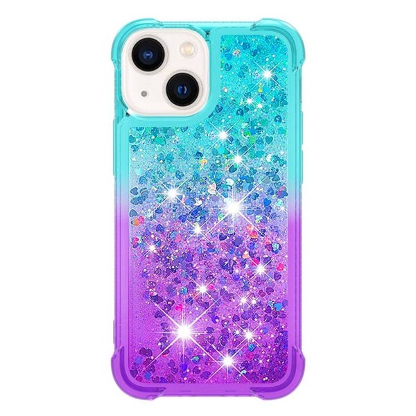 Funda YB Quicksand Series-6 para iPhone 14 (6.1”) – Purpurina Flotante con Cordón – Rosa / Azul Cielo