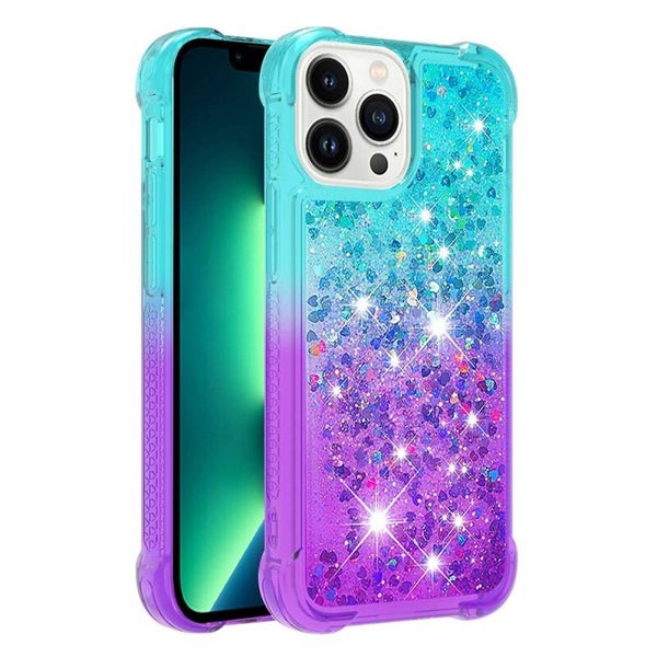 Funda Quicksand Series-3 para iPhone 14 Pro Max (6.7”) – TPU con Lentejuelas Flotantes – Gradiente Azul Cielo / Púrpura