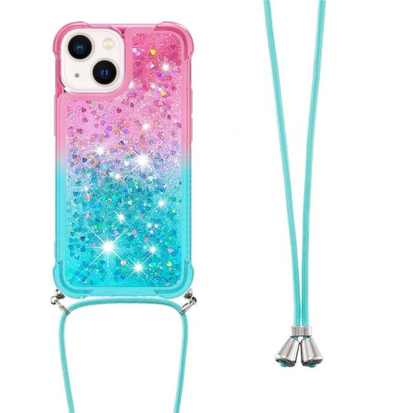 Para iPhone 14 de 6.1 pulgadas YB Quicksand Series-6 Funda de teléfono con purpurina flotante y cordón - Rosa / Azul cielo