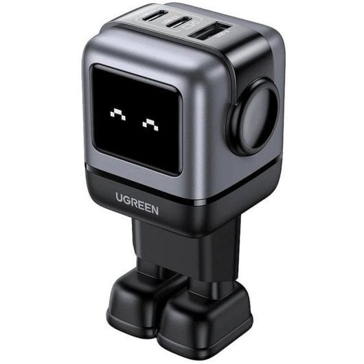 Ugreen Uno Cargador Rápido 65W GaN de 2 Puertos USB-C 1 Puerto USB-A con Pantalla LED Negro
