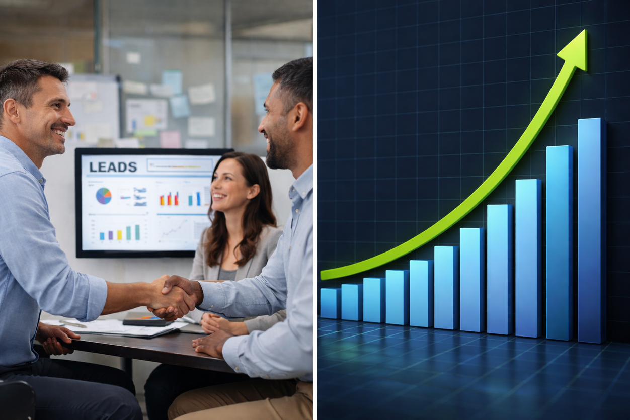 Rising bar chart with green arrow symbolizing business growth and increased revenue