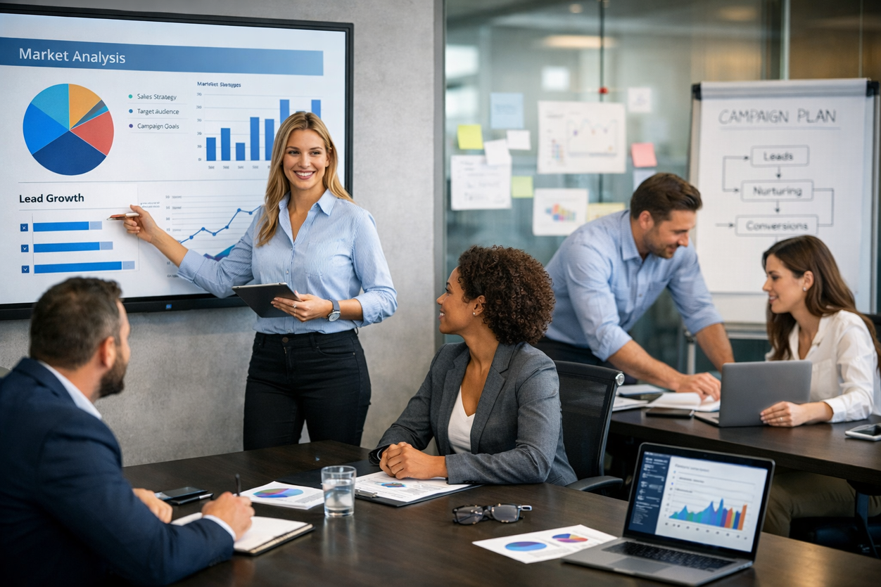 Marketing team reviewing lead generation performance dashboard for contractor growth