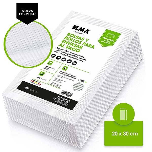 BOLSA ENVASADO VACIO PAQ.100 (RAYADA) ELMA 20X30 CM 15.85.6