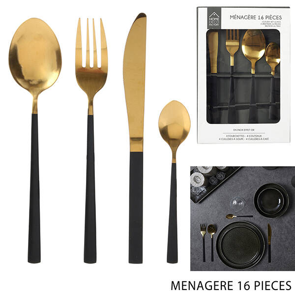 CUBERTERIA INOX NEGRO Y DORADO CMP 16 PZAS KA3773