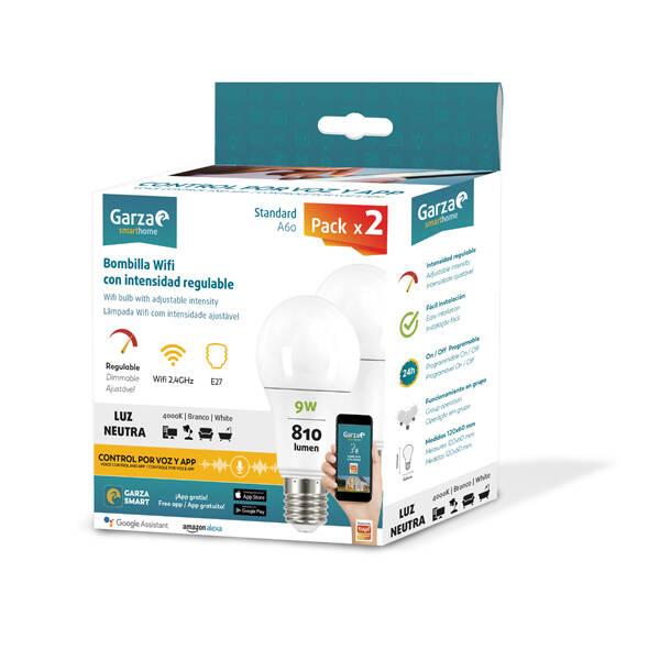 LAMPARA LED WIFI E27 LN REGULABLE PACK 2 GARZA 9 W 401284