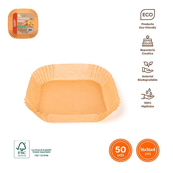 MOLDE PAPEL SILICON CUADR AIRFRYER 50U. MAXI-ECO 16X16X4 CM 3938FM