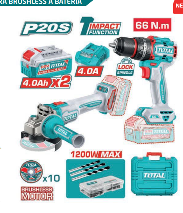 PACK TALADRO PERCUTOR + AMOLADORA BRUSHLESS A BATERÍA MOD. TCKLI20256E