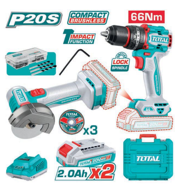 PACK TALADRO PERCUTOR + MINIAMOLADORA BRUSHLESS A BATERÍA MOD. TCKLI20255E
