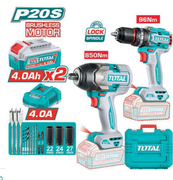 PACK TALADRO PERCUTOR + LLAVE DE IMPACTO A BATERÍA MOD. TOSLI250586E