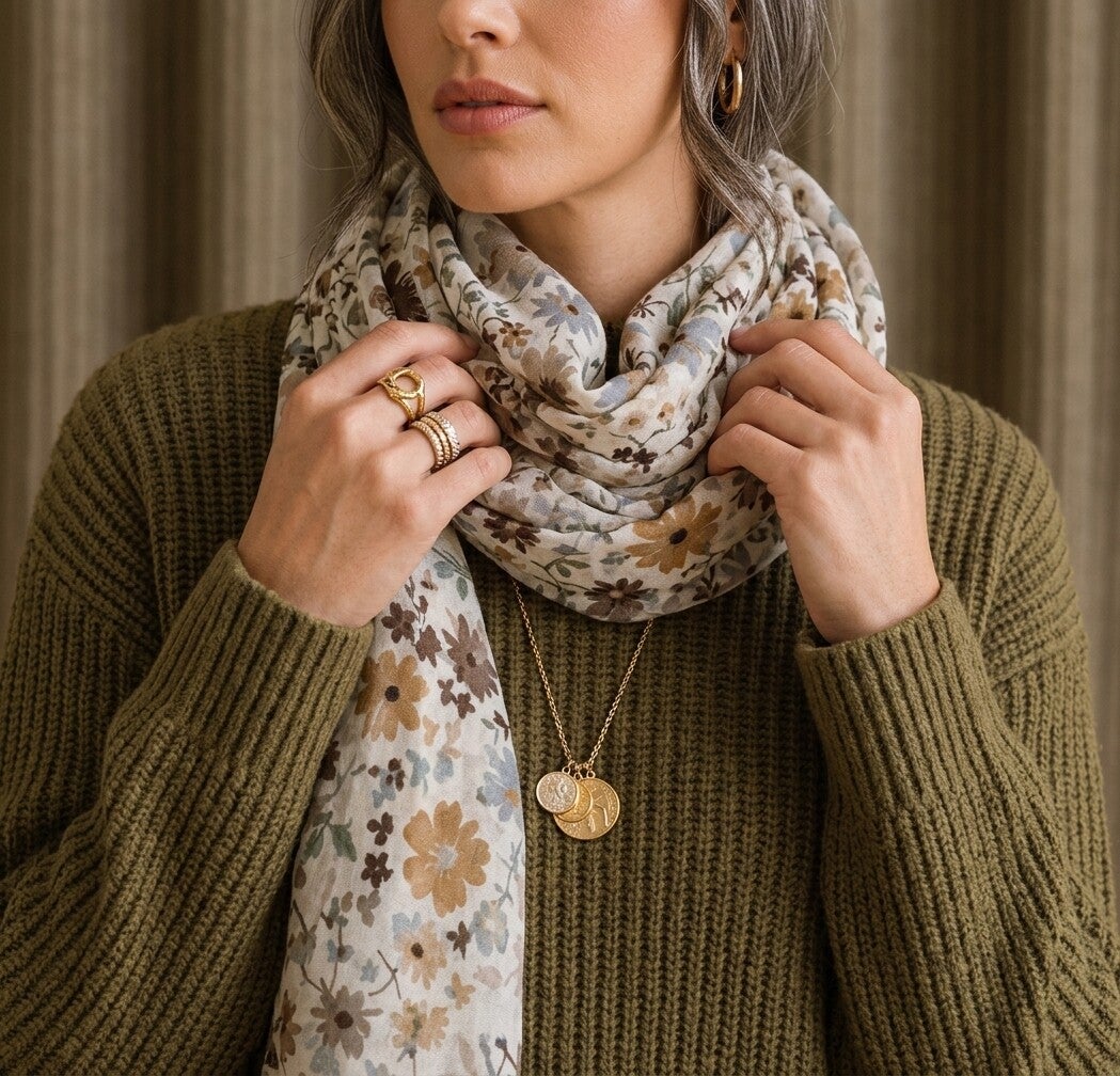 Foulard écharpe fleurs beige