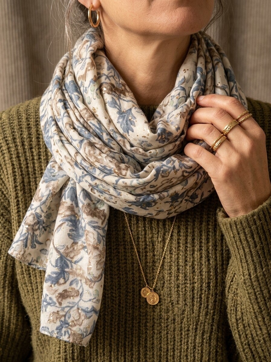 Foulard Echarpe en Viscose bleu et beige