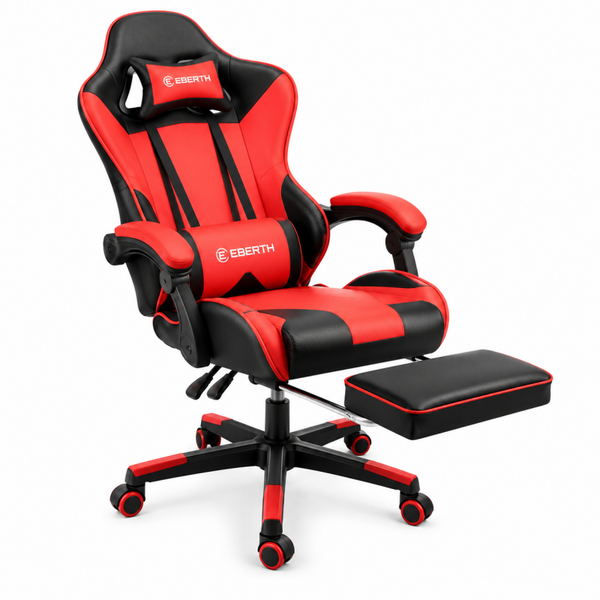 Herzberg HG-8081: Gaming en Bureaustoel met intrekbare voetsteun accent (Red)