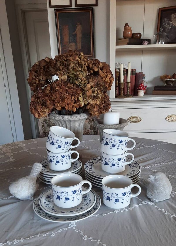 Set of 6 Porcelain Teacups with Saucers and Side Plates