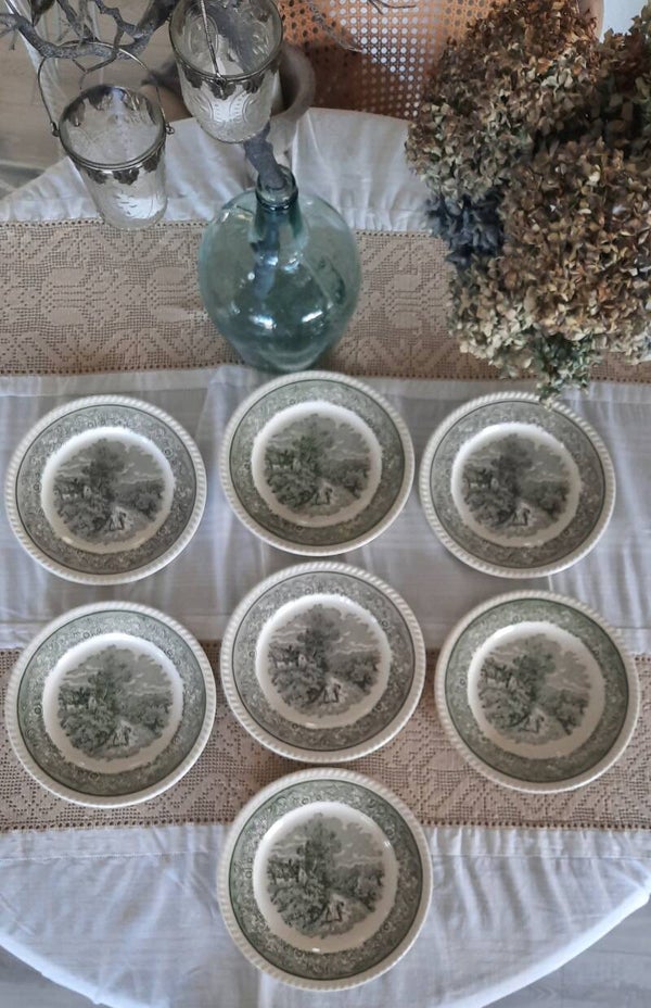 Set of 7 Green Transferware Plates