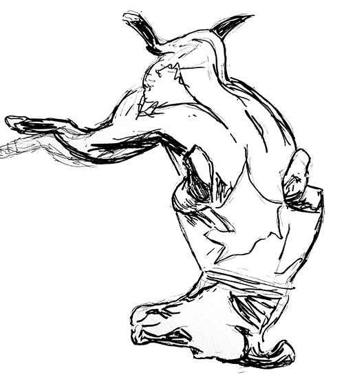 Sketch of a dog rolling on her back.