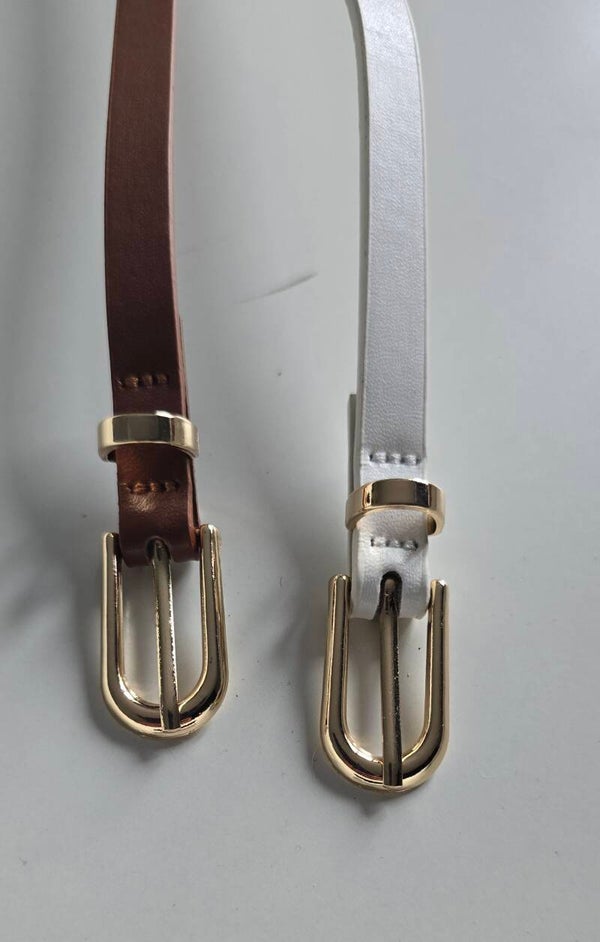 Set van 2 Minimalistische Damesriemen – Bruin & Wit met Goudkleurige Gesp