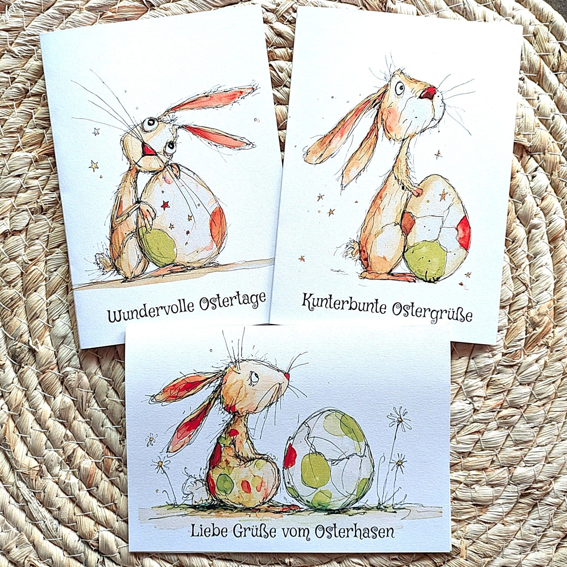 Farbenfrohe Hasen - Osterklappkarte personalisierbar „Lulu“