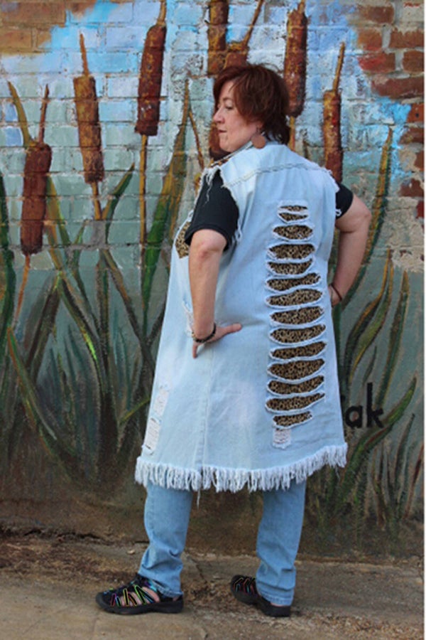 GLITZY Long Distressed Coat Vest with Animal Prints