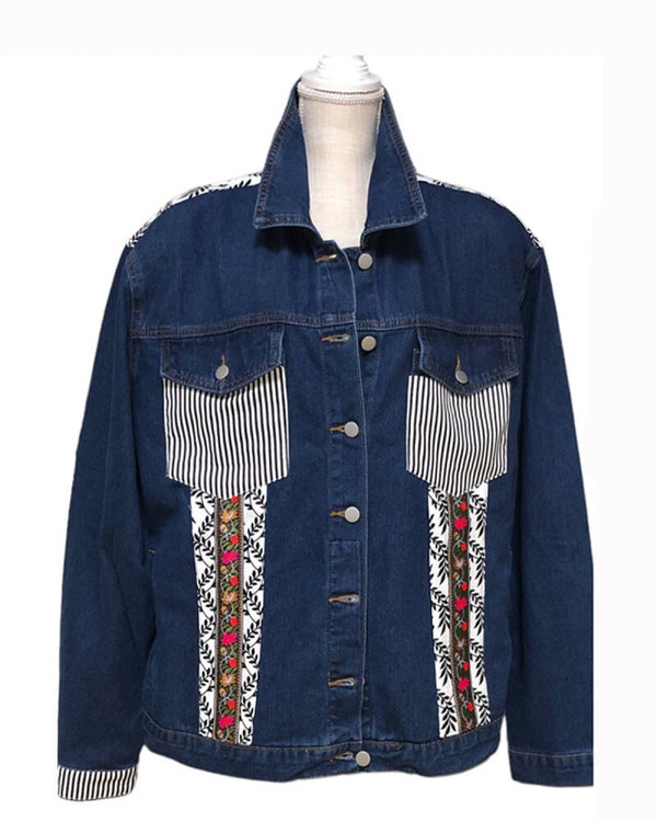 GLITZY Timeless Black and White "Leafy"  Denim jacket - 3 X