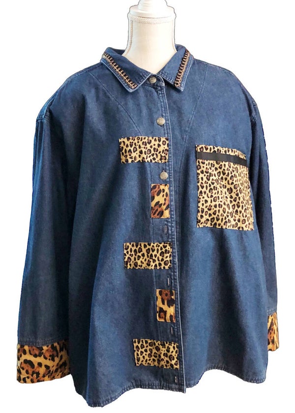 GLITZY Animal Print Denim Jacket - 3 X