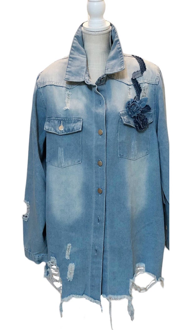 Long Denim Coat with Artisanal Details - 2X