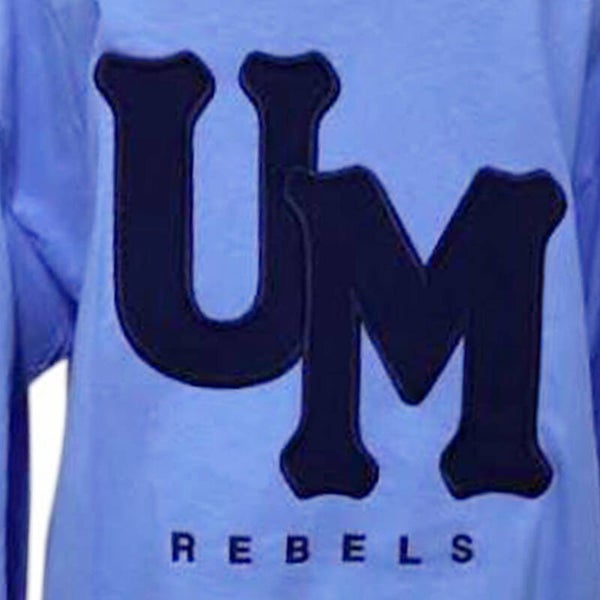 Powder Blue Tee-Shirt with navy UM Rebel lettering