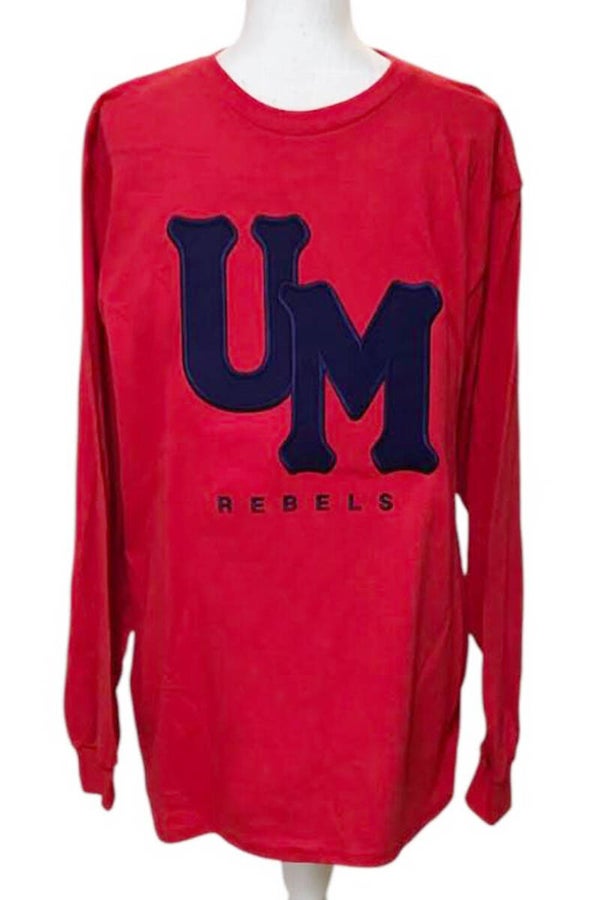 Red Unisex Tee Shirt - UM REBELS lettering and applique
