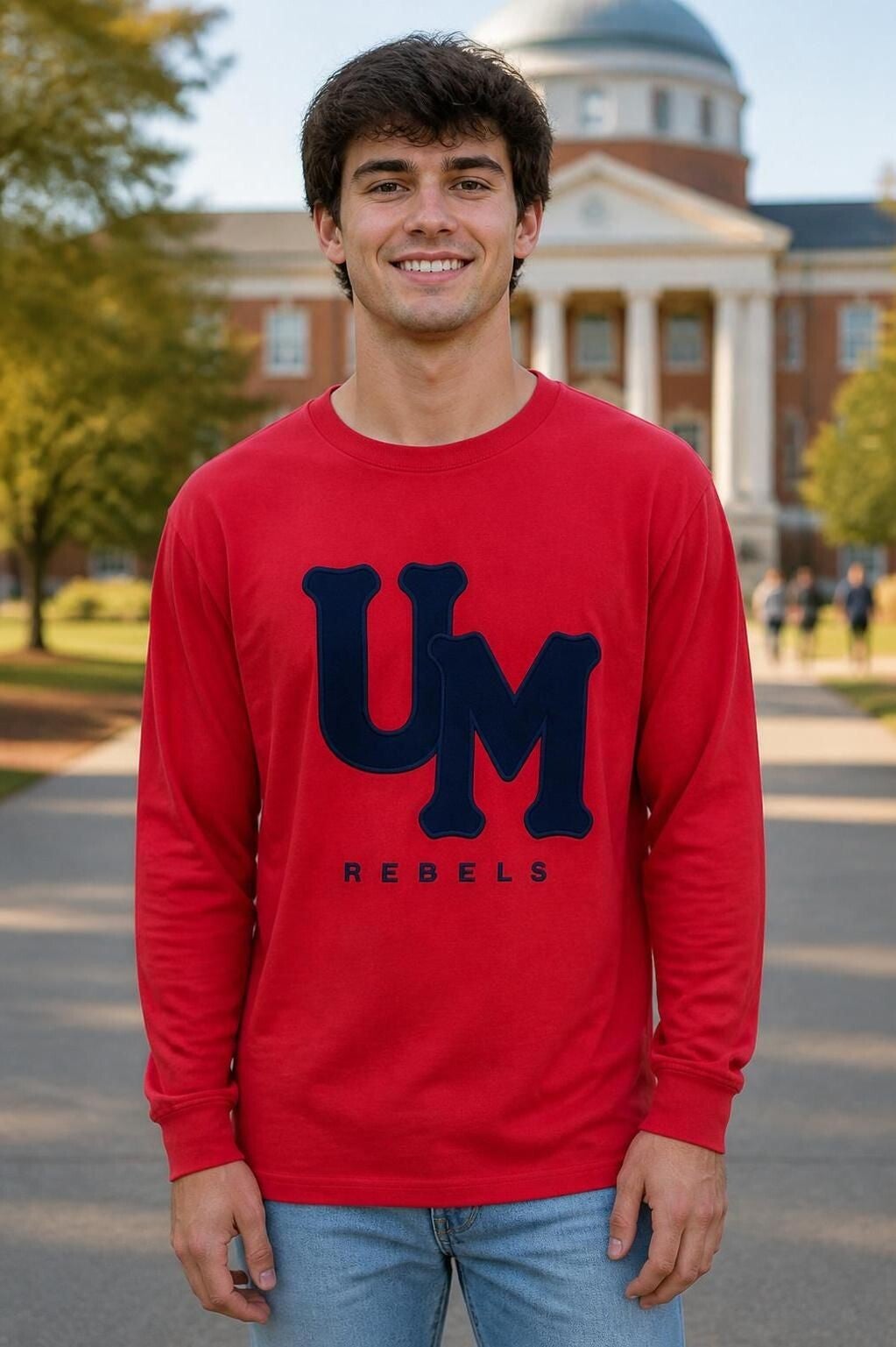 Red Unisex Tee Shirt - UM REBELS lettering and applique