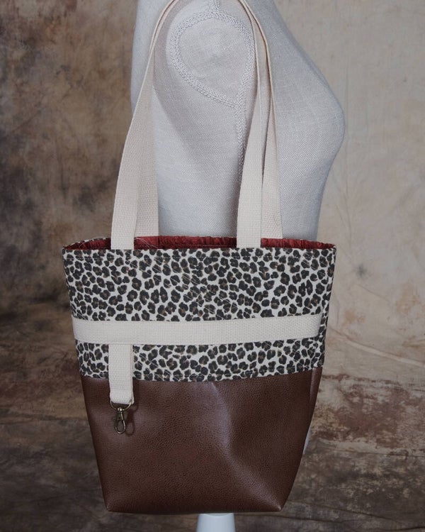 TOTE BAG - Faux Leather & Leopard Fabric with Webbing Handles